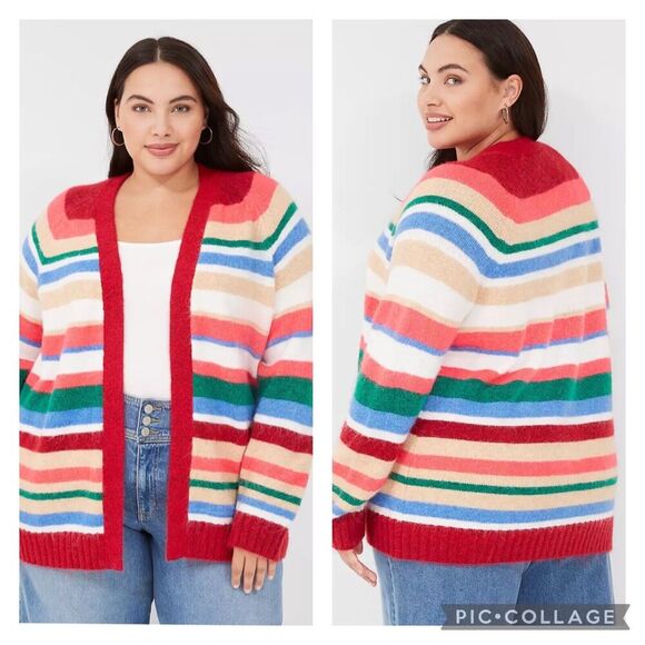 Lane Bryant Sweaters - Lane Bryant Long Open Front Christmas Striped Cardigan Sweater NEW 22/24